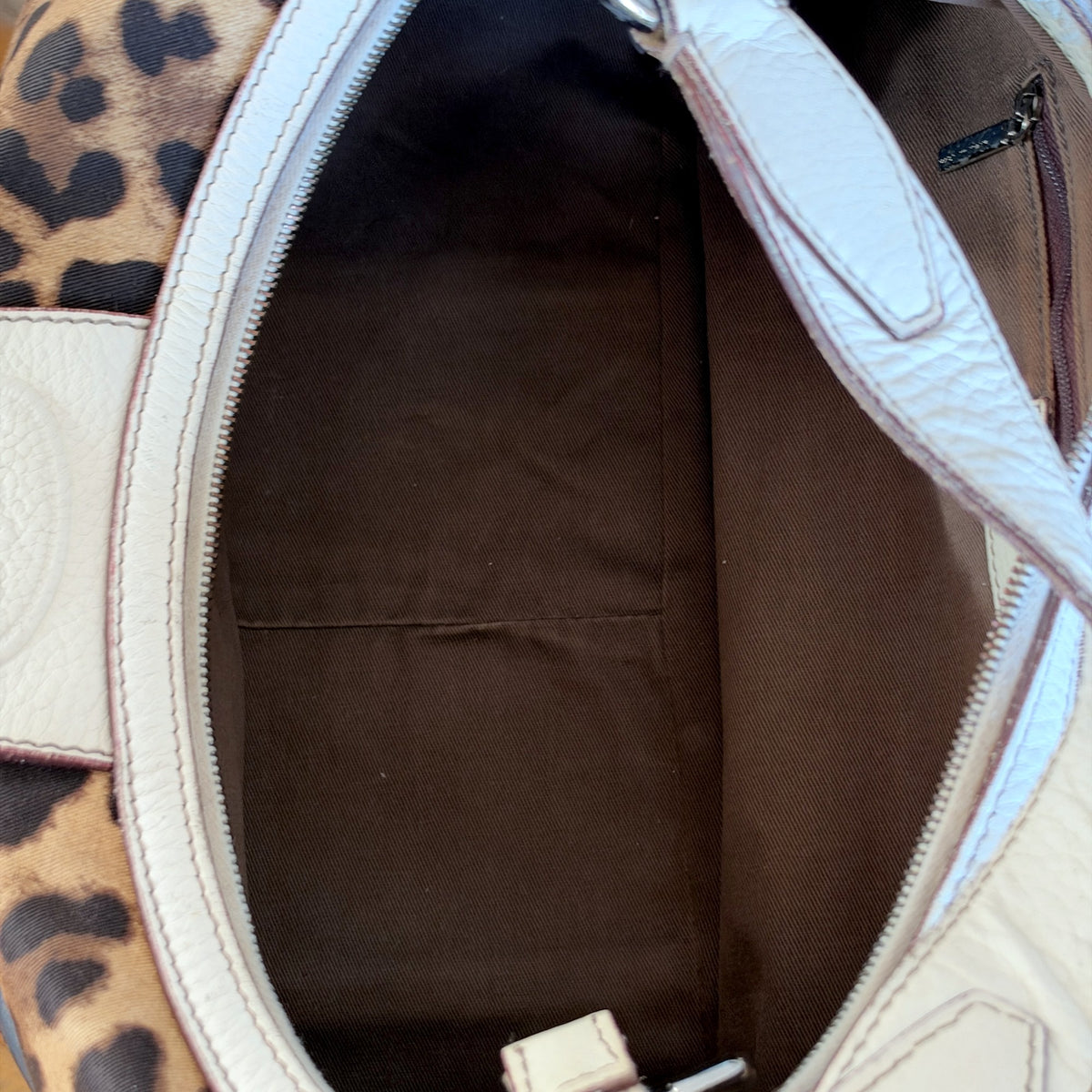Vintage Dolce & Gabbana Leopard Print Hobo Bag – White Pebbled Leather Trim, Silver Ring Hardware