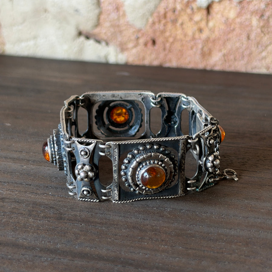 Vintage Sterling Silver Panel Bracelet with Amber-Color Cabochons – Rope Twist & Granulation