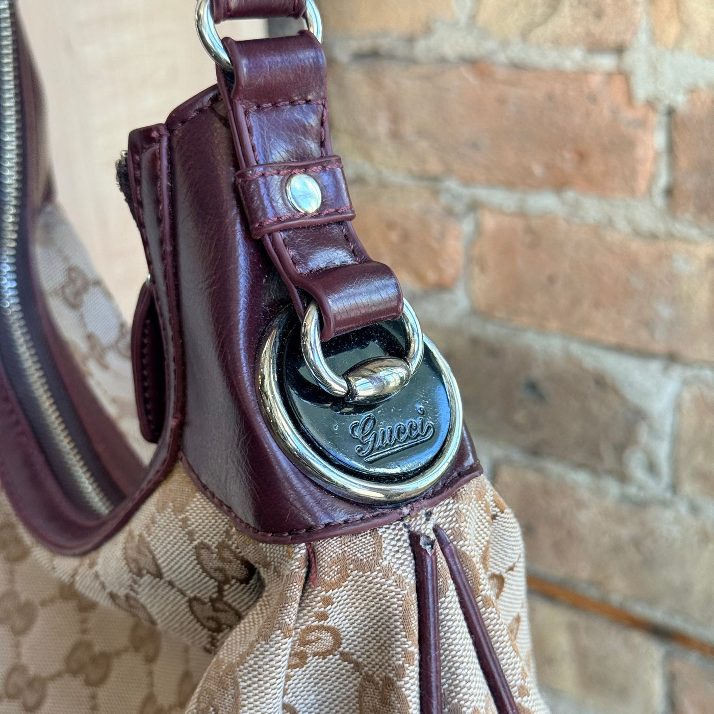 Vintage Gucci GG Canvas Hobo – Burgundy Leather Trim, Script Logo Discs & Horsebit Rings