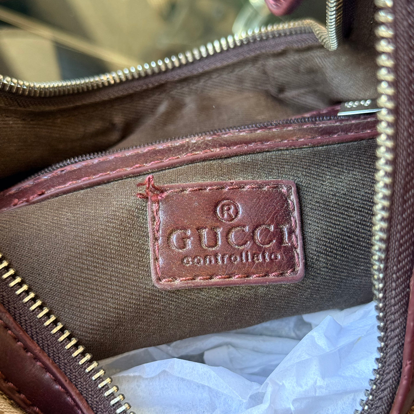 Vintage Gucci GG Canvas Hobo – Burgundy Leather Trim, Script Logo Discs & Horsebit Rings