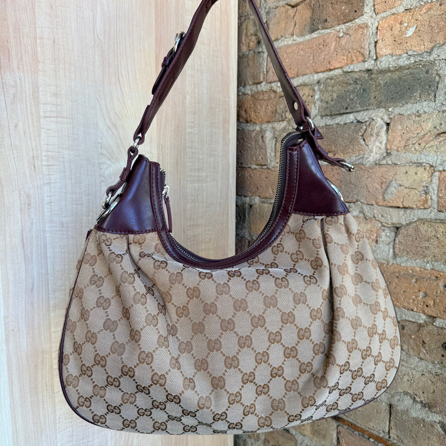 Vintage Gucci GG Canvas Hobo – Burgundy Leather Trim, Script Logo Discs & Horsebit Rings
