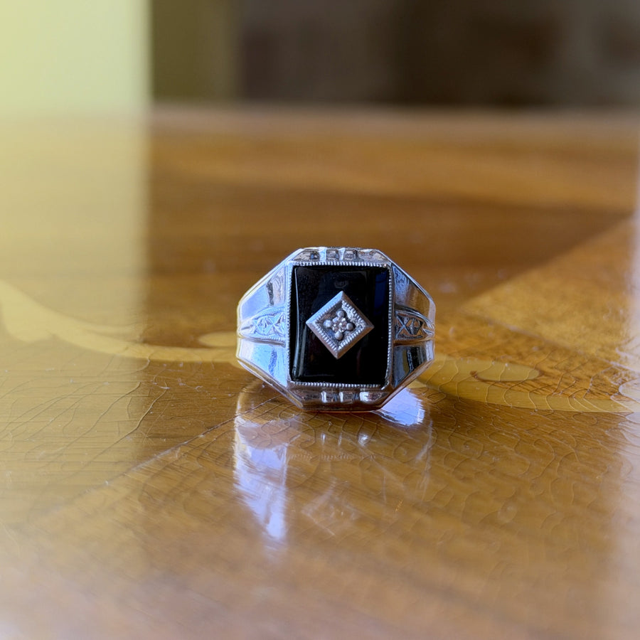 Vintage Sterling Silver & 10K Gold Top Black Onyx Signet Ring – Accent Stone, Engraved Shoulders, Size 9.5