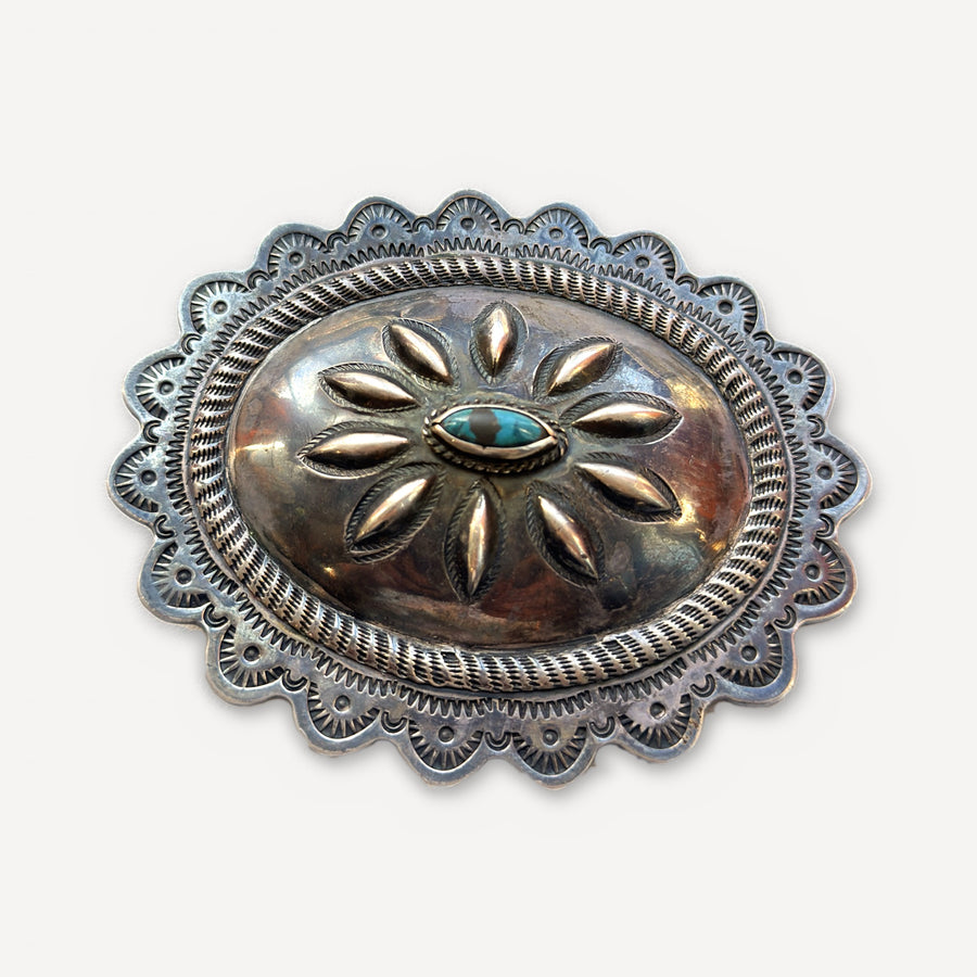 Vintage Silver Concho Belt Buckle – Repoussé Flower with Turquoise, Hallmarked JB