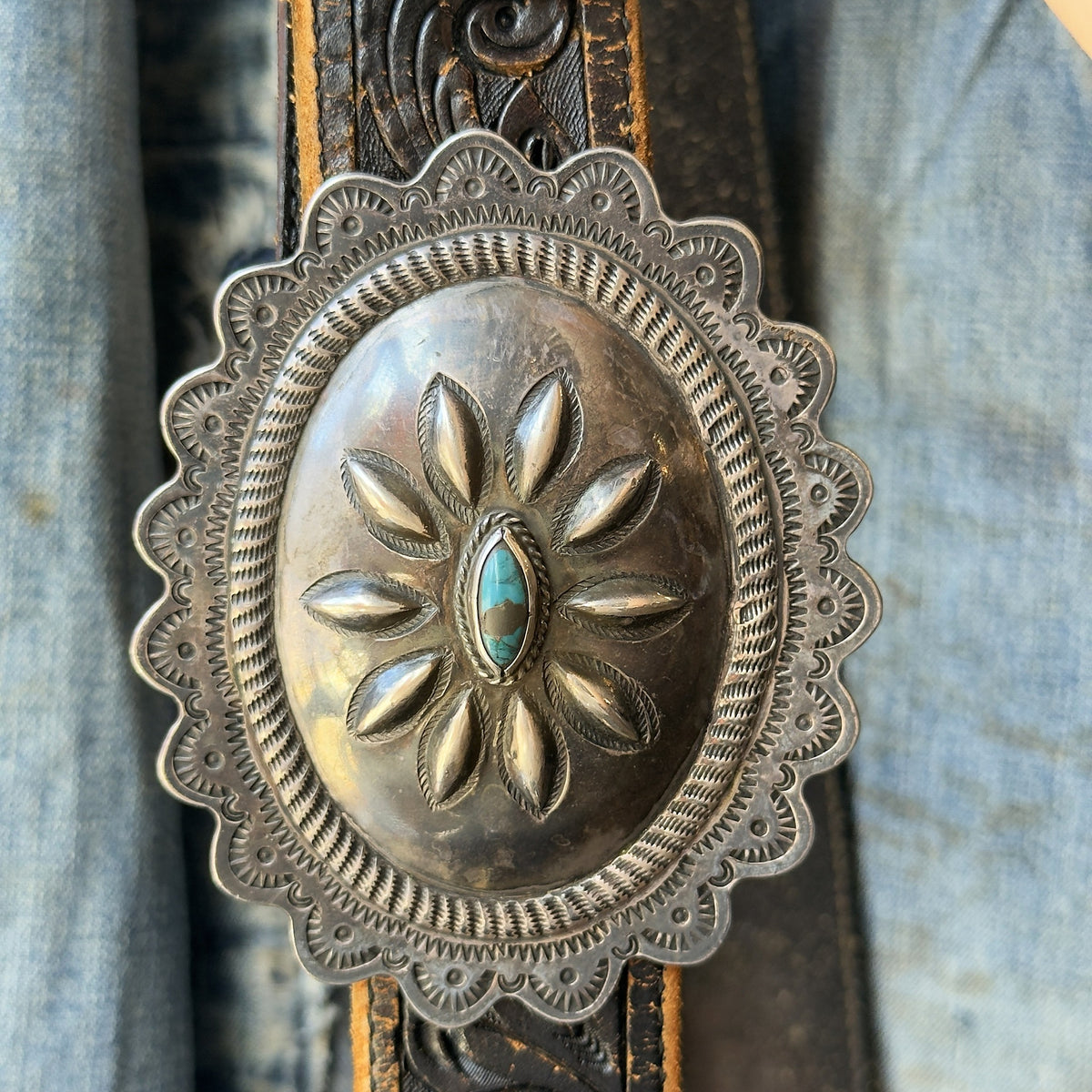 Vintage Silver Concho Belt Buckle – Repoussé Flower with Turquoise, Hallmarked JB