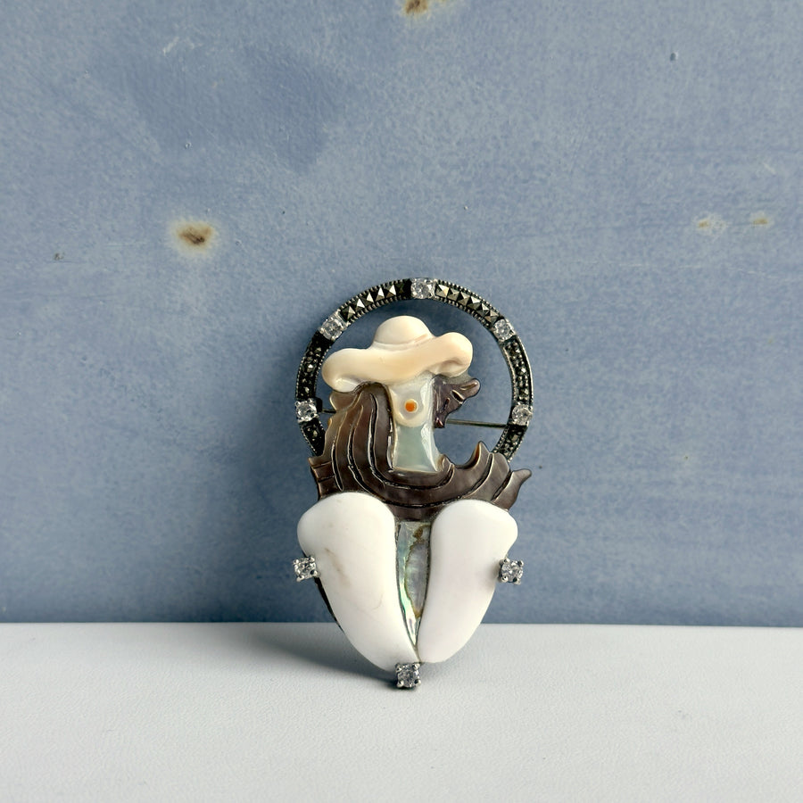 Vintage 925 Sterling Mother-of-Pearl & Abalone Lady Brooch – Marcasite Frame