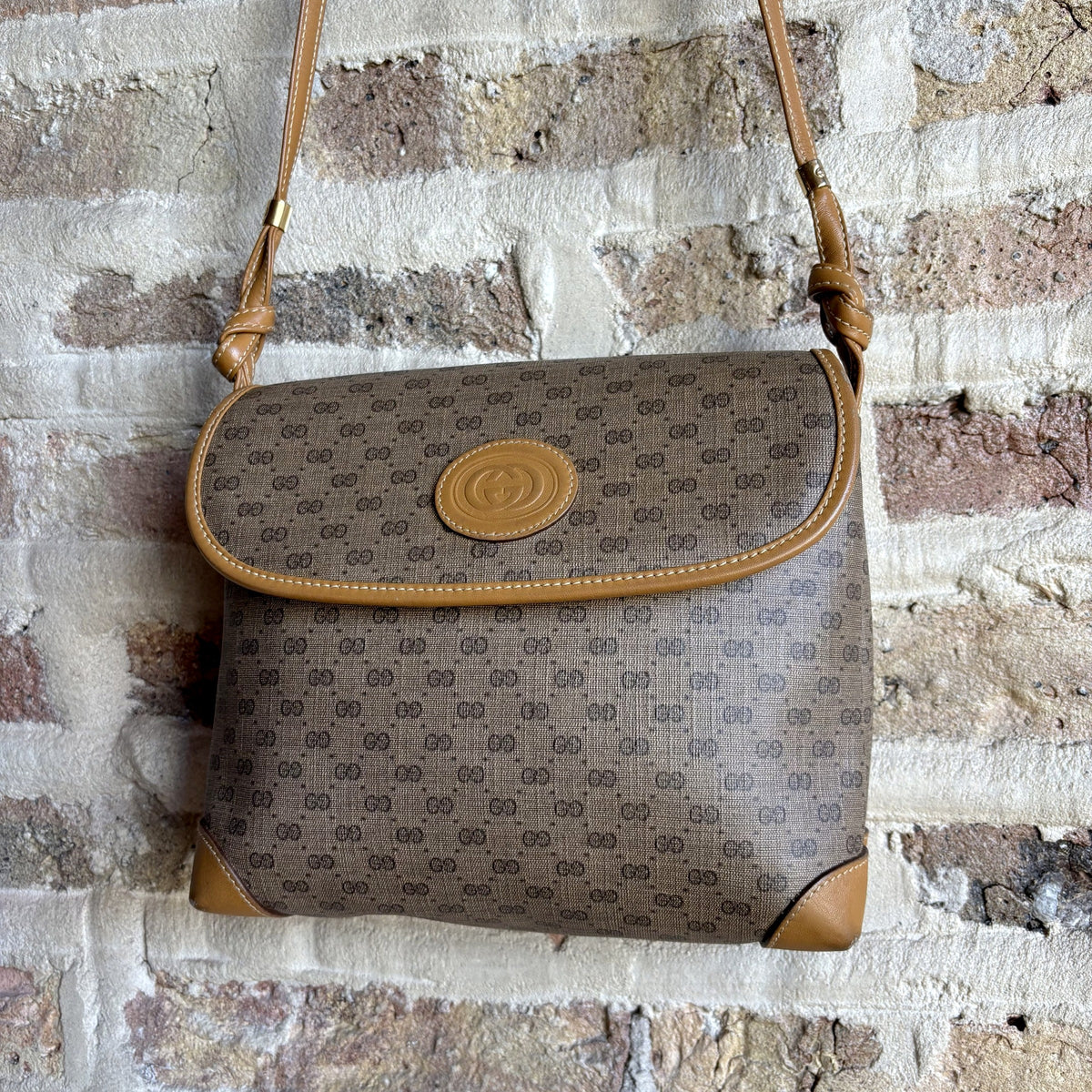Vintage 1980s Gucci Micro GG Coated Canvas Flap Crossbody Bag – Tan Leather Trim, Interlocking GG Medallion