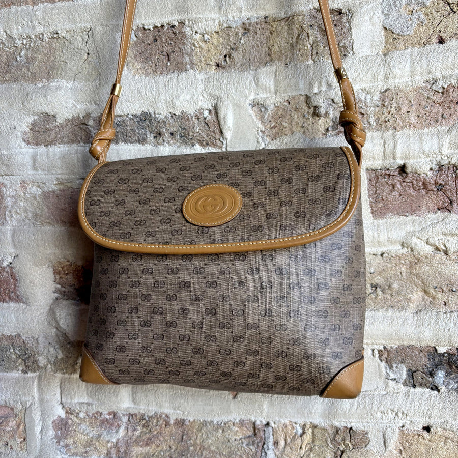 Vintage 1980s Gucci Micro GG Coated Canvas Flap Crossbody Bag – Tan Leather Trim, Interlocking GG Medallion