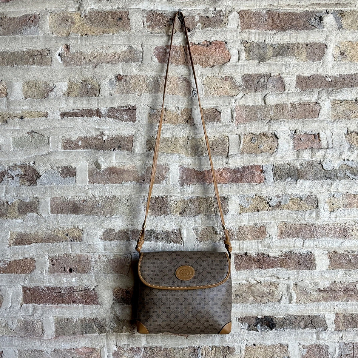Vintage 1980s Gucci Micro GG Coated Canvas Flap Crossbody Bag – Tan Leather Trim, Interlocking GG Medallion