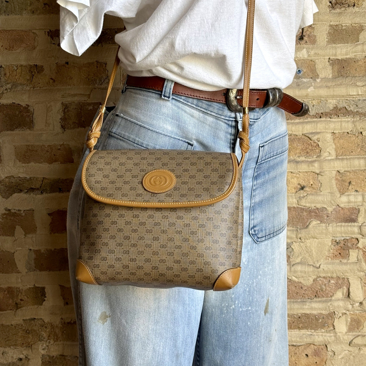 Vintage 1980s Gucci Micro GG Coated Canvas Flap Crossbody Bag – Tan Leather Trim, Interlocking GG Medallion