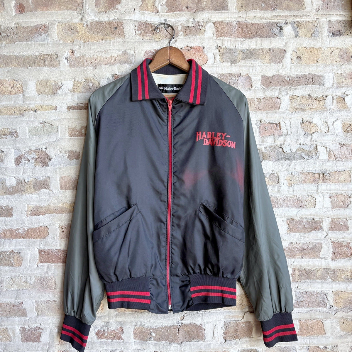 Vintage 1970s AMF Harley-Davidson Nylon Bomber Jacket – Eagle Bar & Shield Back Graphic, Striped Rib Knit