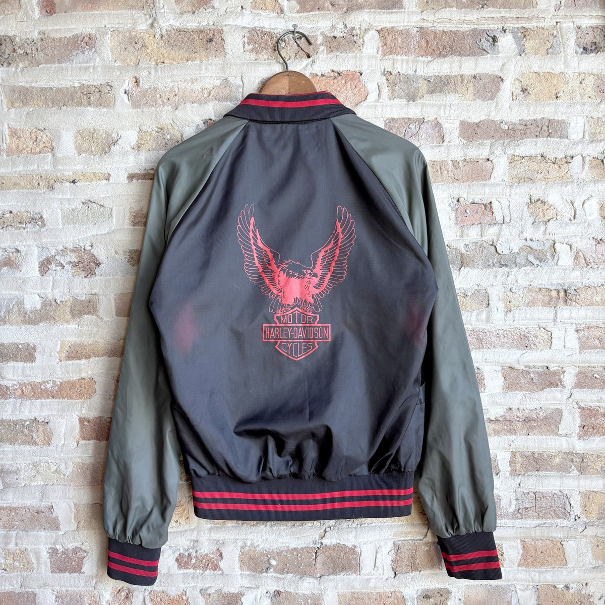 Vintage 1970s AMF Harley-Davidson Nylon Bomber Jacket – Eagle Bar & Shield Back Graphic, Striped Rib Knit