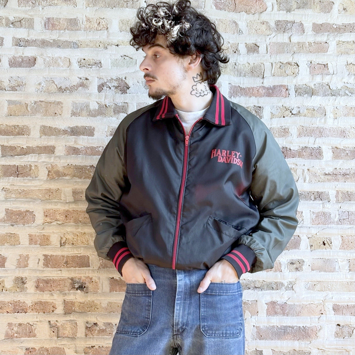 Vintage 1970s AMF Harley-Davidson Nylon Bomber Jacket – Eagle Bar & Shield Back Graphic, Striped Rib Knit