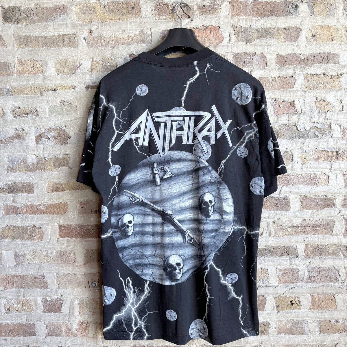 Vintage 1990 Brockum Anthrax All-Over Print Band Tee – Deadstock, Skull Clock & Lightning Artwork