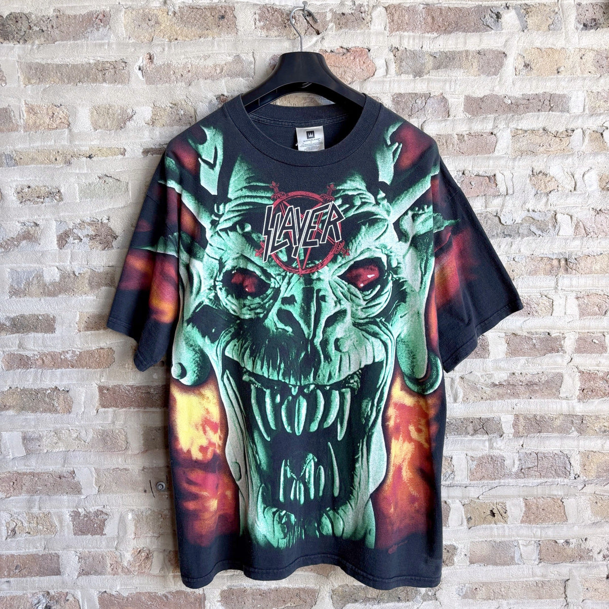 Vintage 1990s Winterland Slayer All-Over Print Band Tee – Green Demon Face, Flaming Pentagram Back