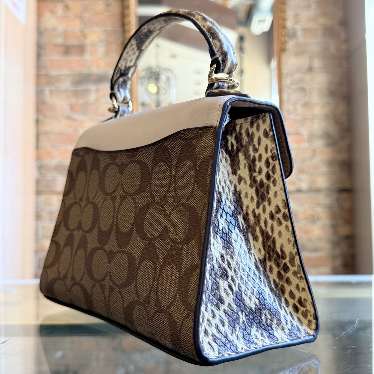 Coach Pepper Satchel in Signature Canvas with Snakeskin Detail – Khaki & Chalk, Style C1325